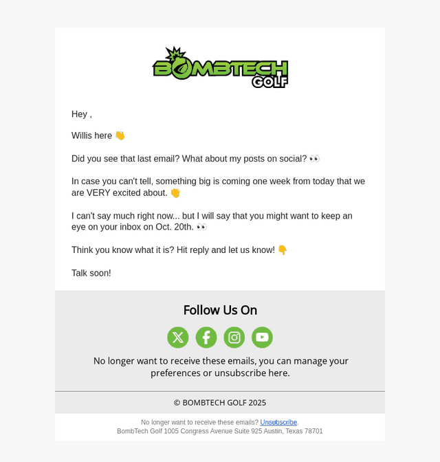 BombTech Golf email from Mon, Oct 13, 2025