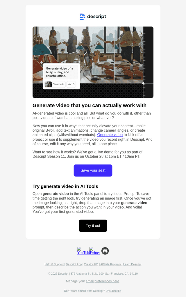 Descript email from Tue, Oct 14, 2025