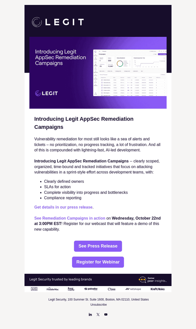 Legit Security email from Wed, Oct 15, 2025
