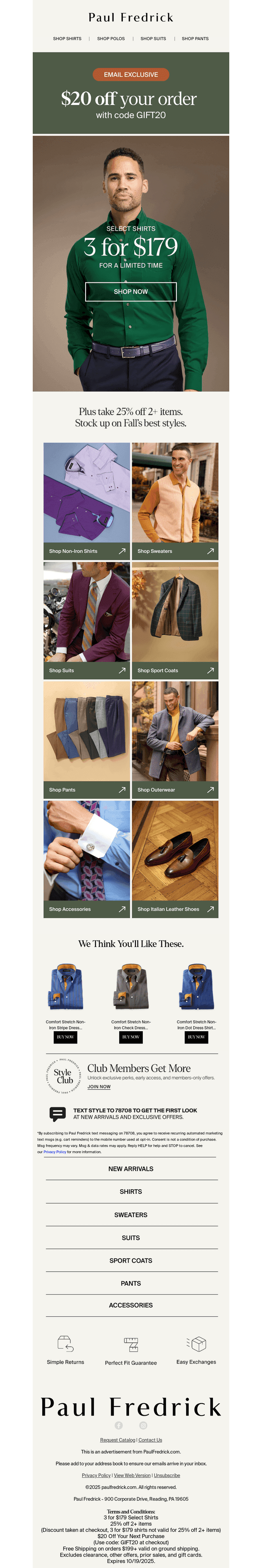 Ends today: 3 for $179 select shirts