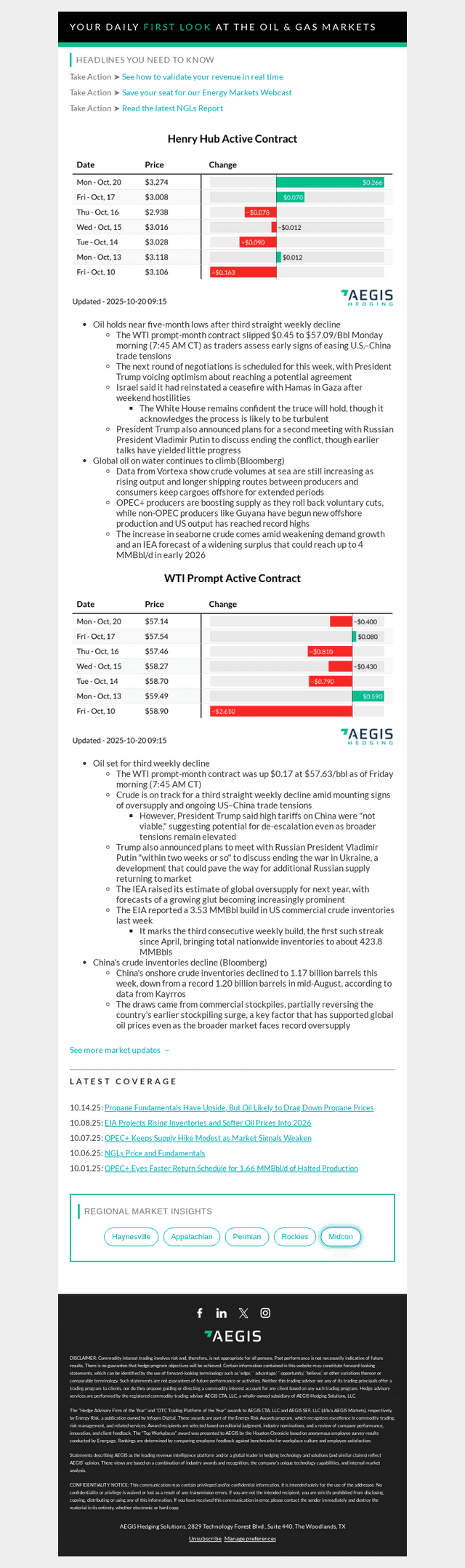 AEGIS Hedging email from Mon, Oct 20, 2025