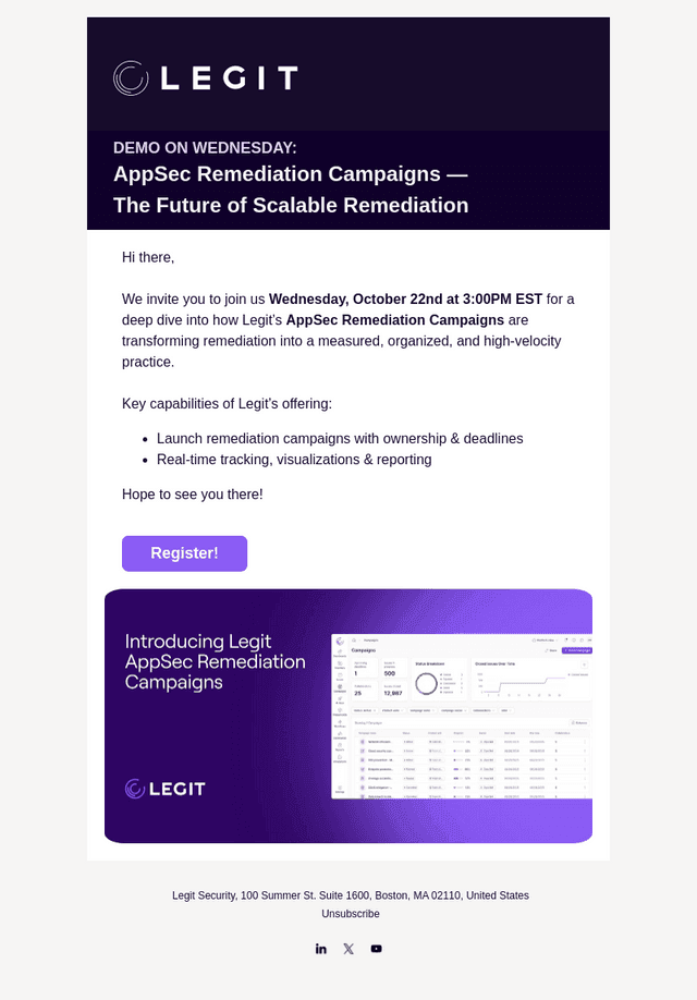 Legit Security email from Tue, Oct 21, 2025