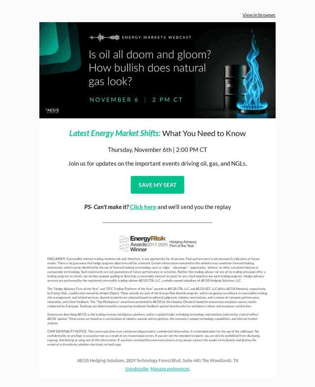 AEGIS Hedging email from Wed, Oct 22, 2025