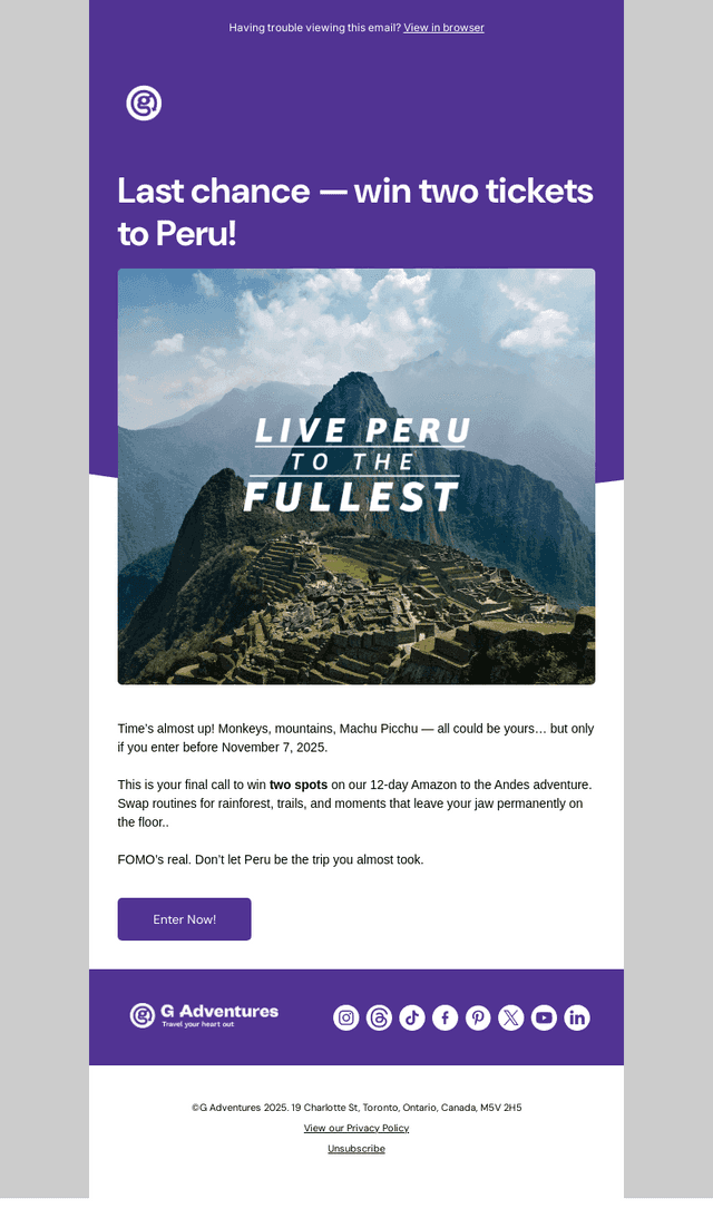 Last call to win a Peru trip for two!