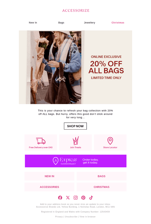 ONLINE EXCLUSIVE: 20% off *all* bags!