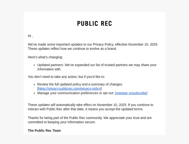 Changes to Public Rec Privacy Policy