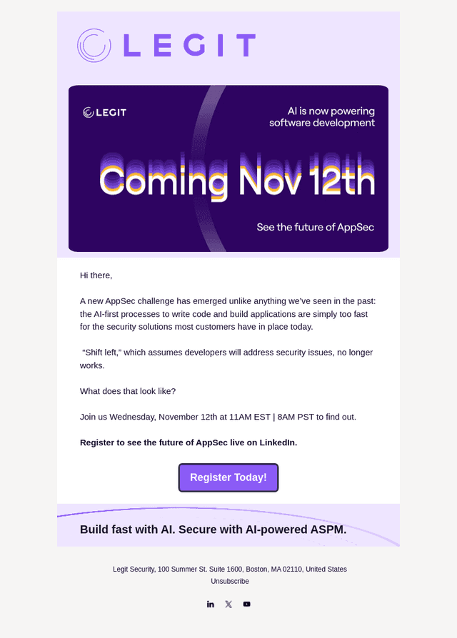 Legit Security email from Tue, Oct 28, 2025