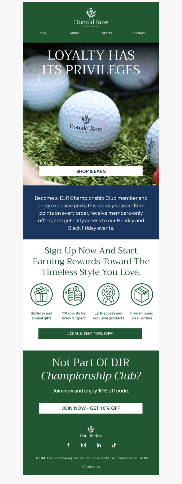 Donald Ross Sportswear email from Wed, Oct 29, 2025
