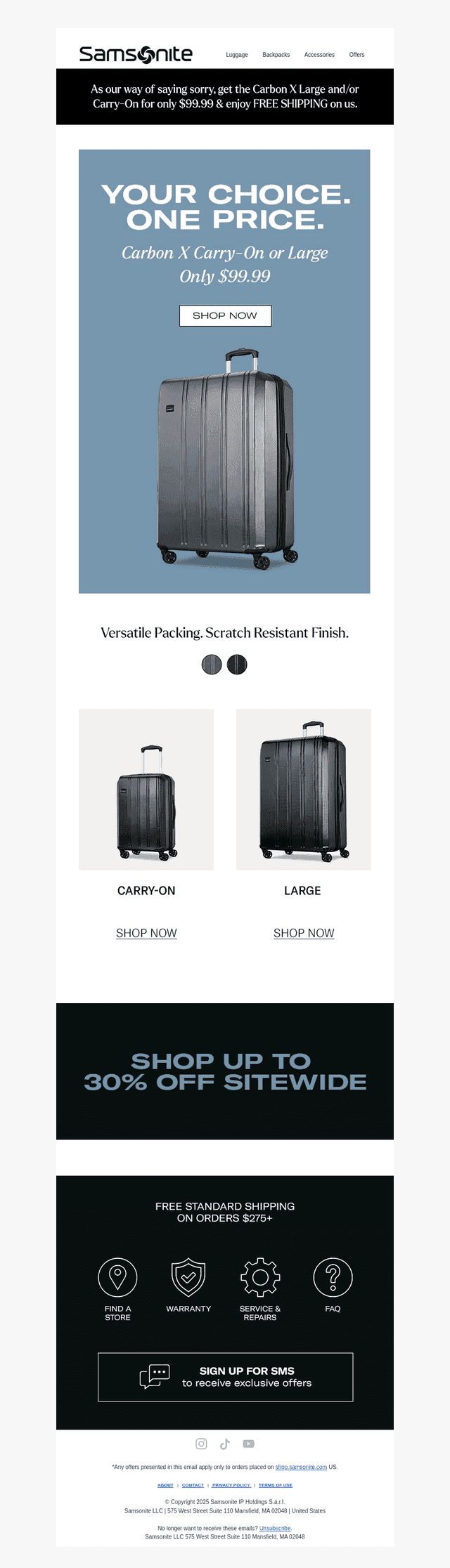 Samsonite email from Mon, Nov 3, 2025