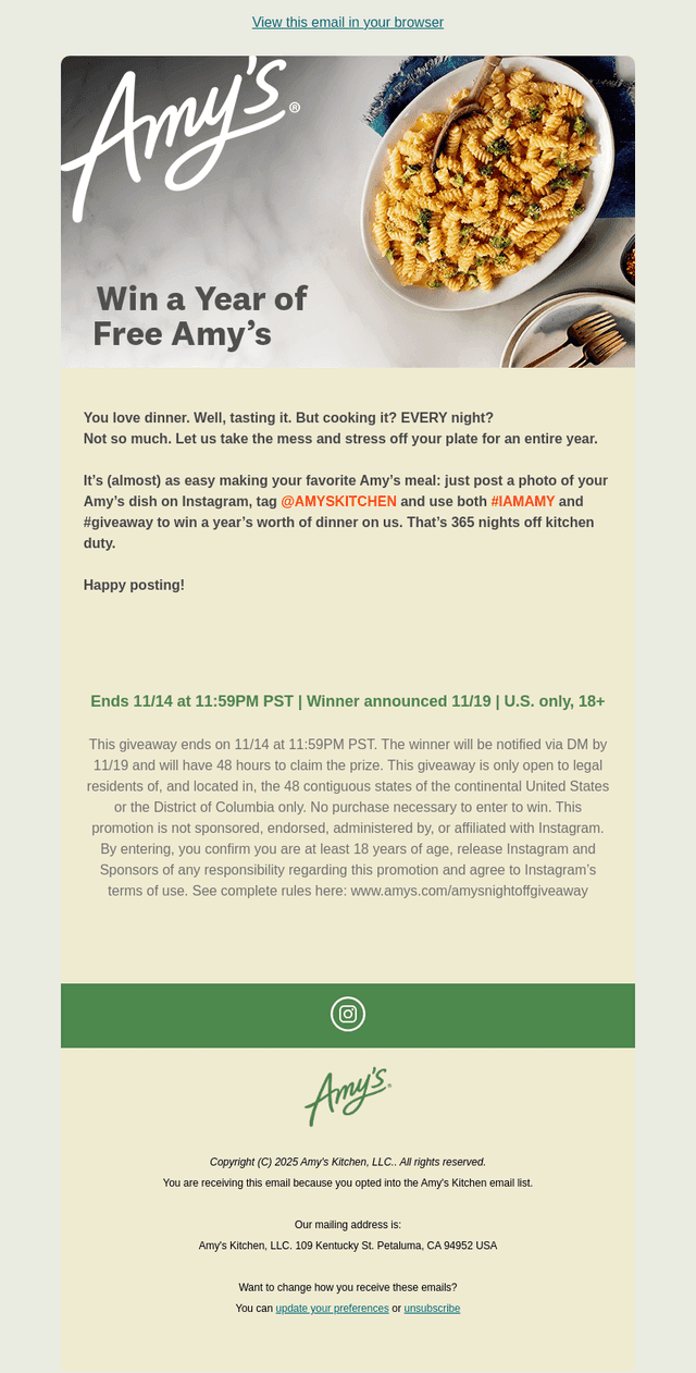 Amy's Kitchen email from Tue, Nov 4, 2025