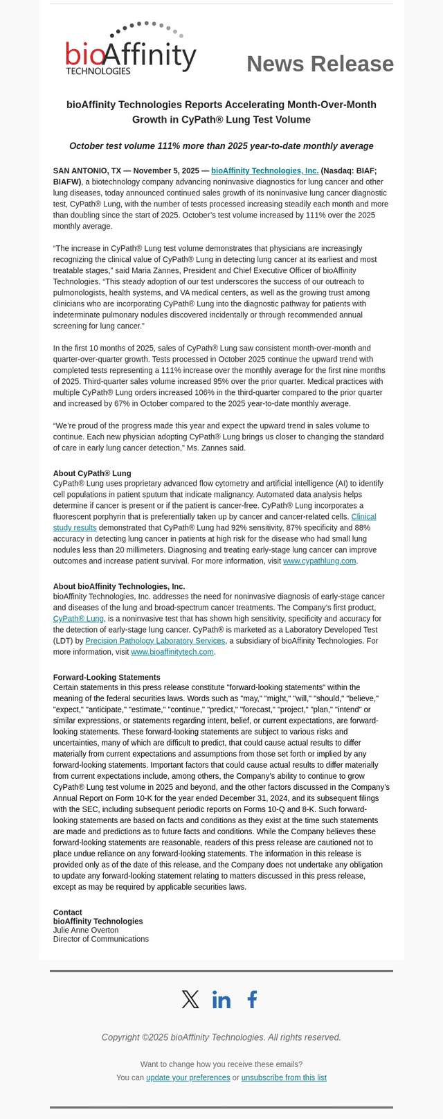 bioAffinity Technologies Reports Accelerating Month-Over-Month Growth in CyPath® Lung Test Volume