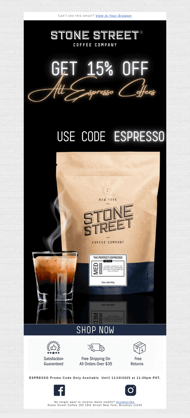 ⏰ 15% Off All Espresso Coffees Ends Soon!