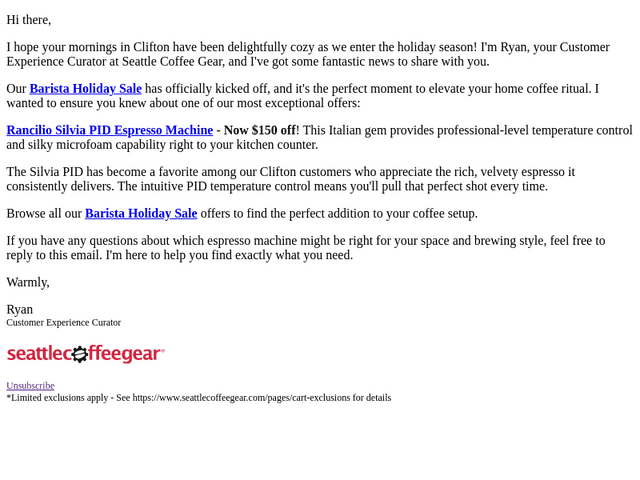 Seattle Coffee Gear email from Fri, Nov 7, 2025