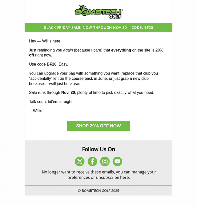 BombTech Golf email from Thu, Nov 13, 2025