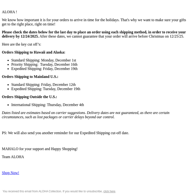 ALOHA Collection email from Fri, Nov 14, 2025