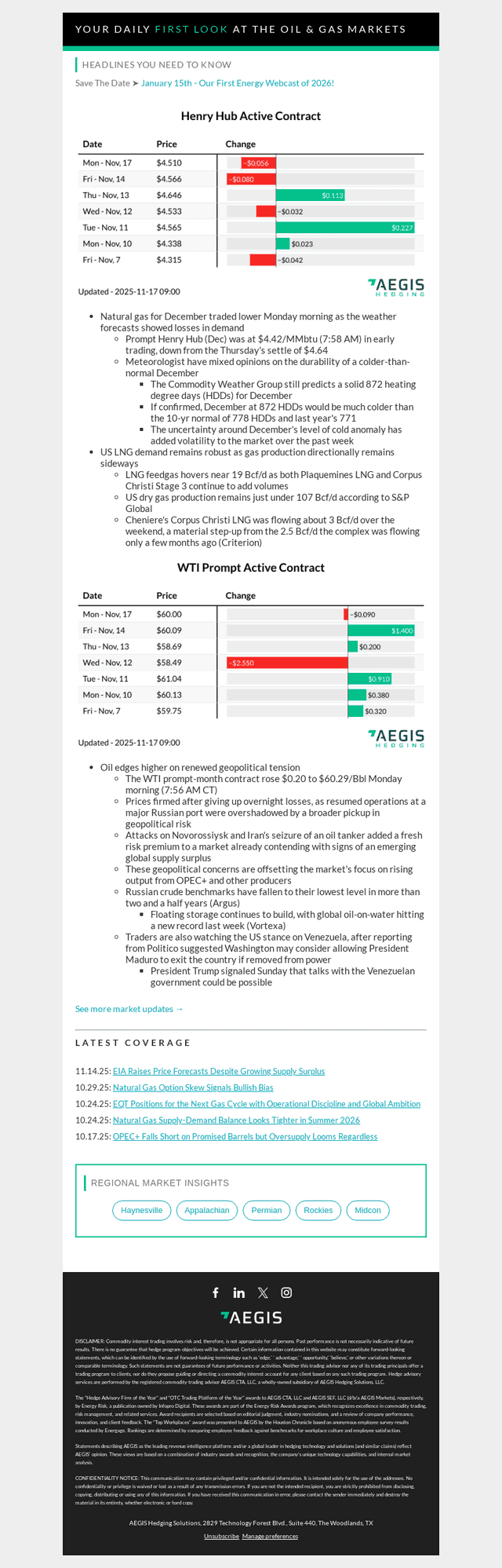 AEGIS Hedging email from Mon, Nov 17, 2025