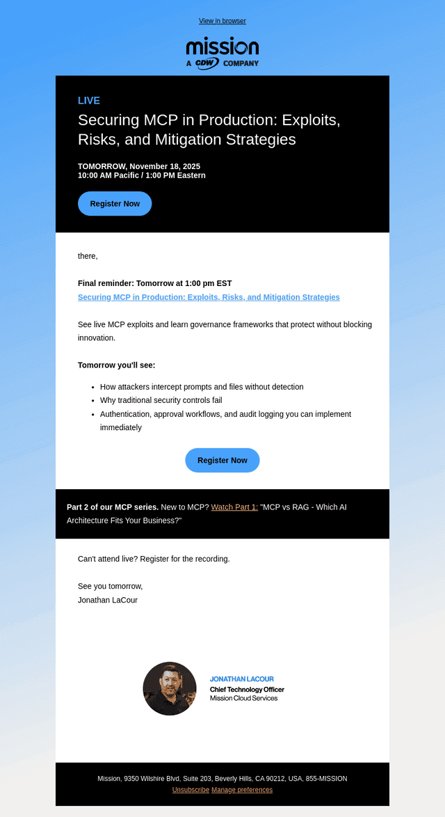 Mission Cloud Services email from Mon, Nov 17, 2025