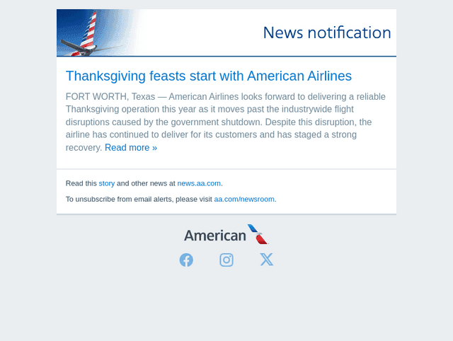 American Airlines email from Tue, Nov 18, 2025