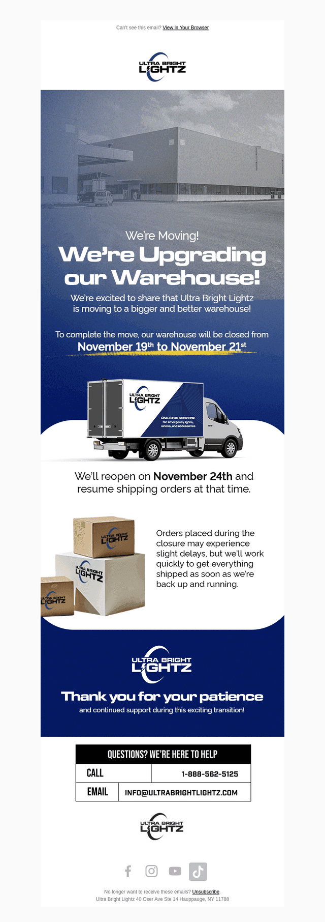 Ultra Bright Lightz Warehouse Move & Temporary Closure