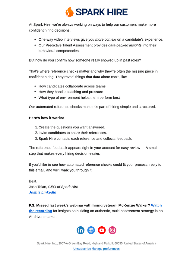 Spark Hire email from Wed, Nov 19, 2025