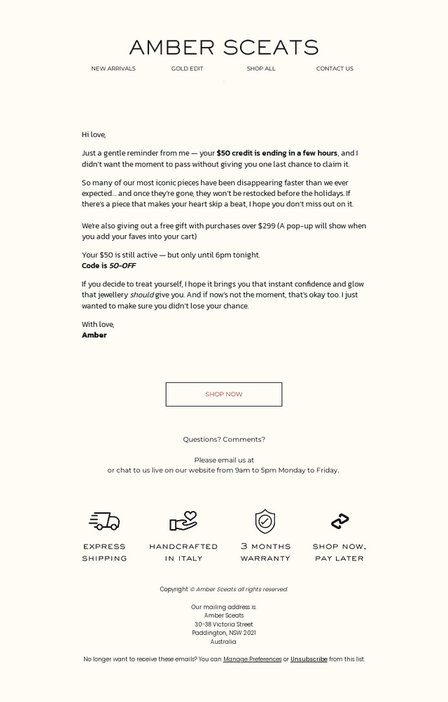 Your $50 Credit expires tonight