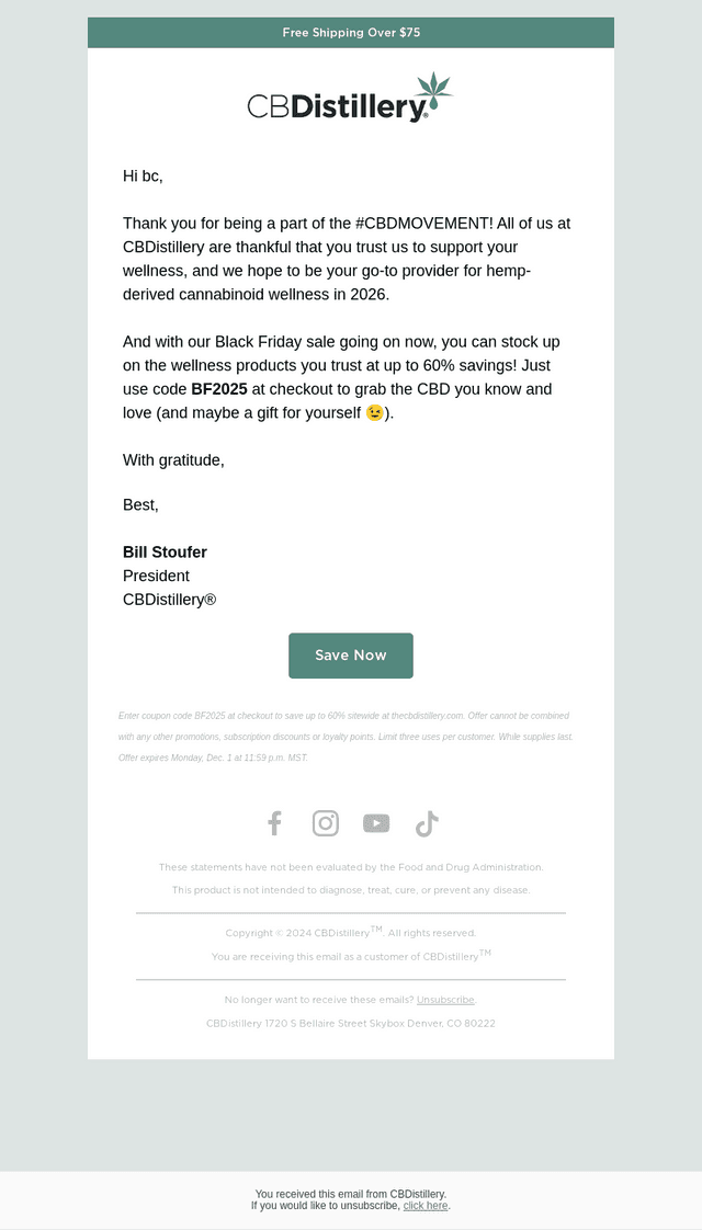 The CBDistillery email from Wed, Nov 26, 2025