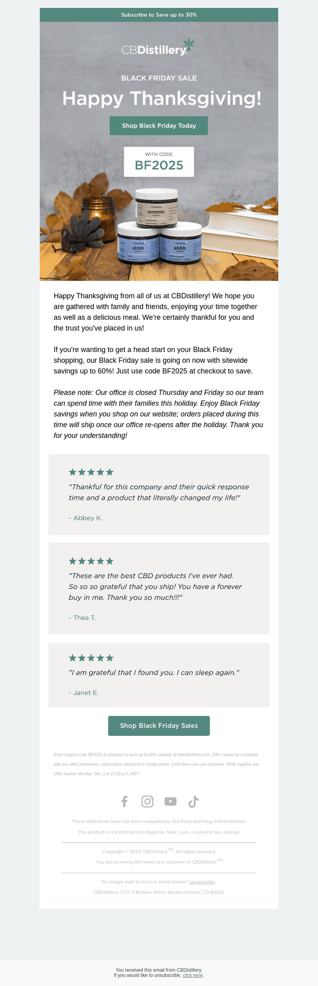 The CBDistillery email from Thu, Nov 27, 2025