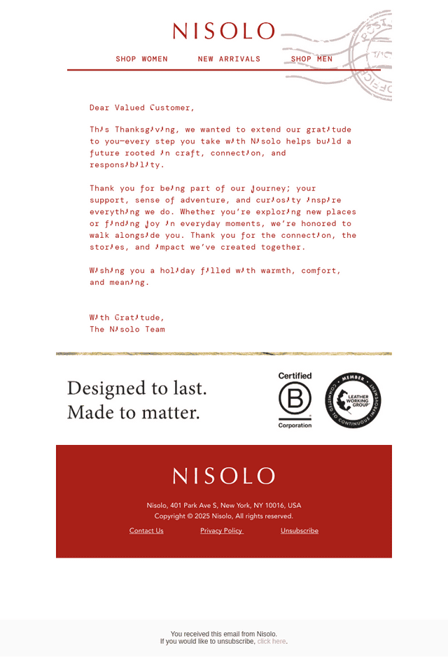 Nisolo email from Thu, Nov 27, 2025