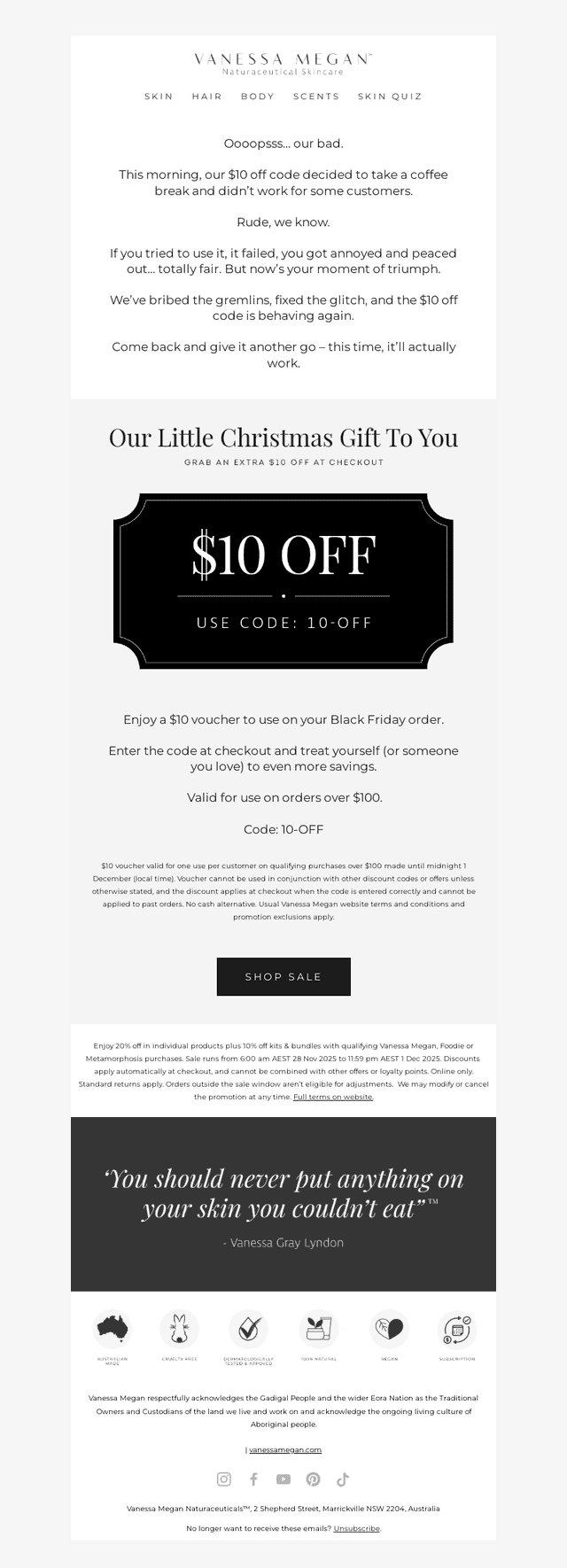 Vanessa Megan Skincare email from Thu, Nov 27, 2025