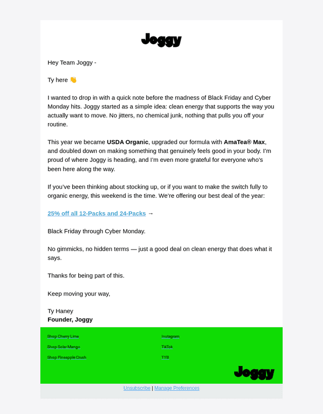 A message from Ty + 25% off Joggy