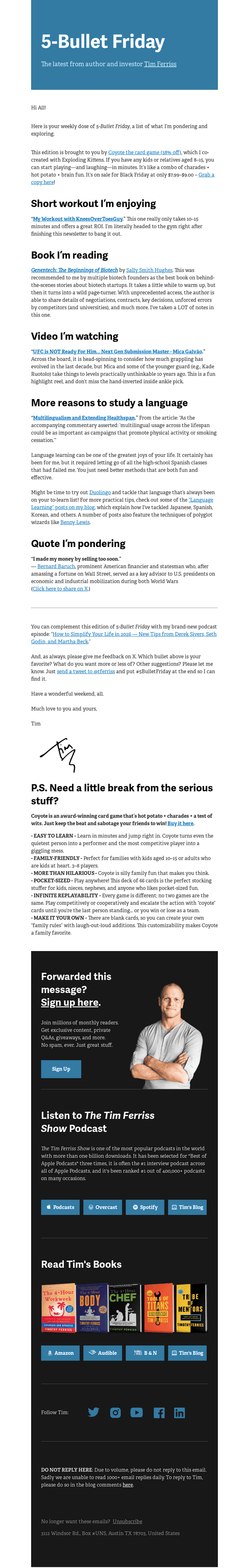 Tim Ferriss email from Sat, Nov 29, 2025