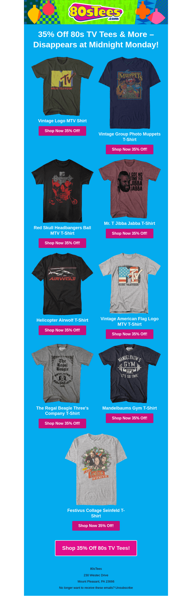 Wake Up! 35% Off Every 80s TV Shirt!