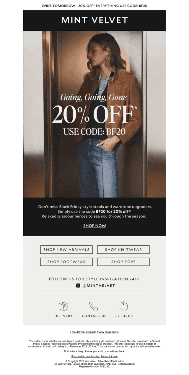 20% off* ends tomorrow