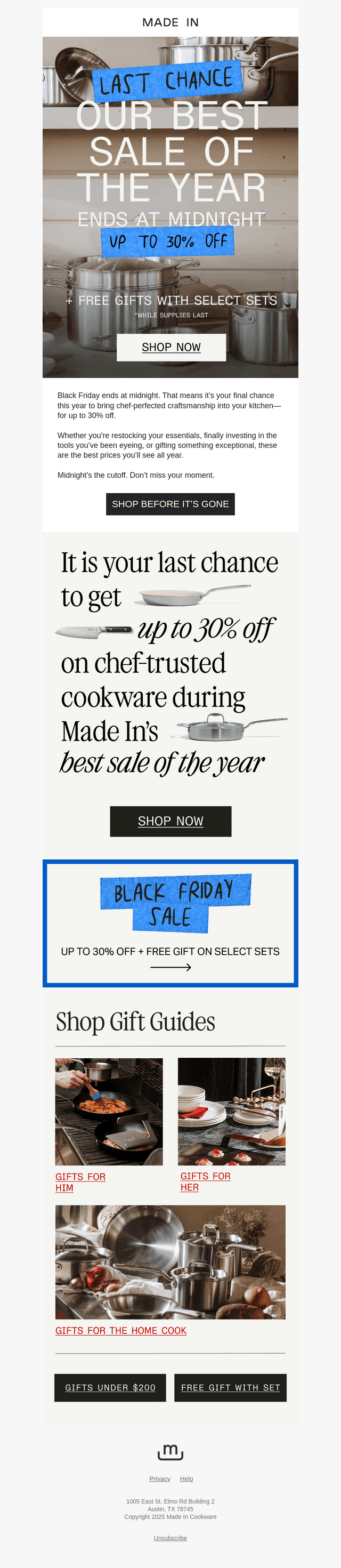 Made In Cookware email from Mon, Dec 1, 2025