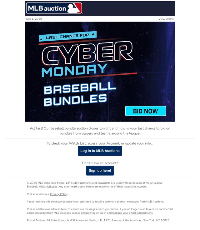 MLB email from Mon, Dec 1, 2025