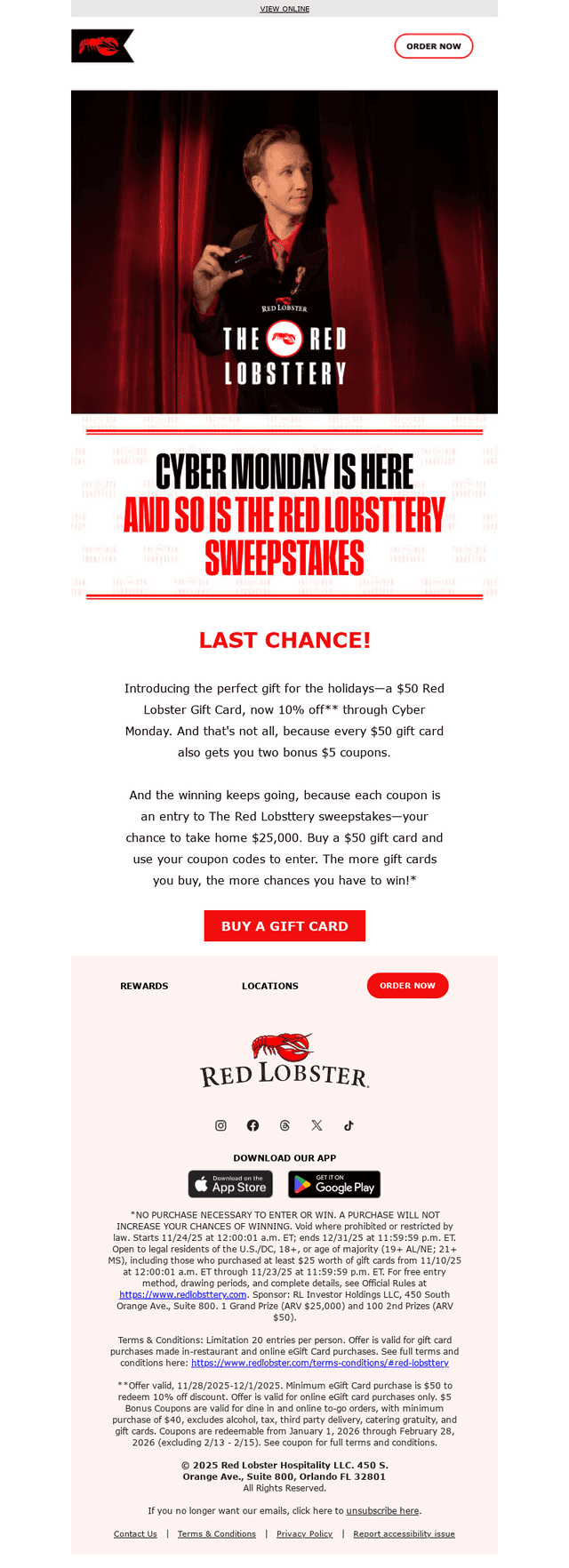 Red Lobster email from Mon, Dec 1, 2025