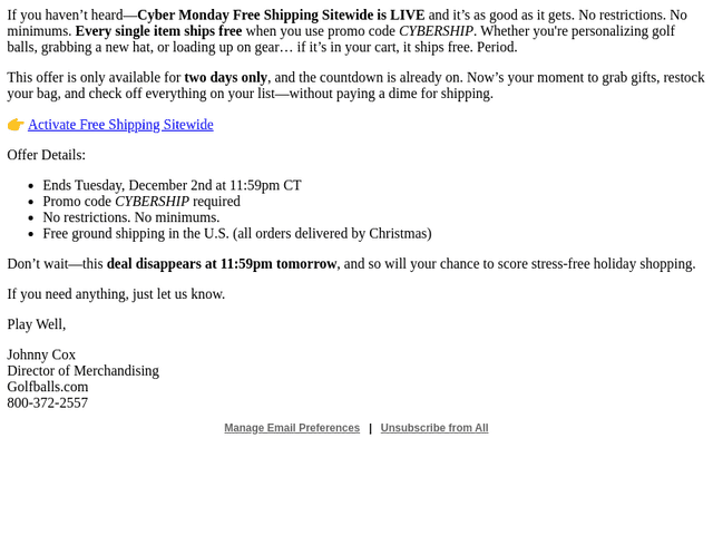 Golfballs email from Mon, Dec 1, 2025