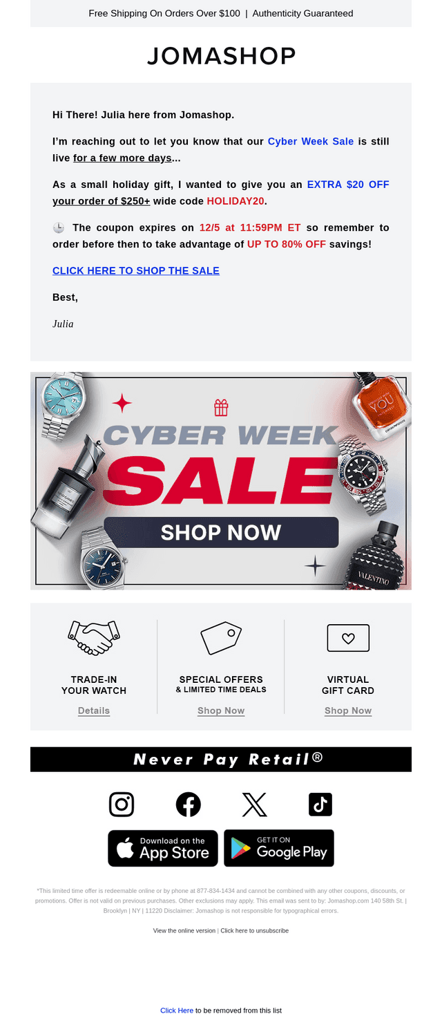 Jomashop email from Wed, Dec 3, 2025
