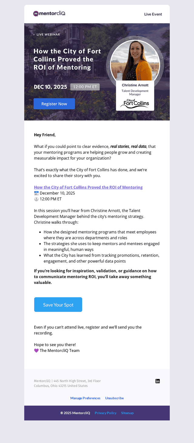 MentorcliQ email from Mon, Dec 8, 2025