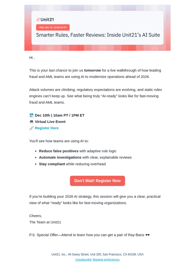 Unit21 email from Tue, Dec 9, 2025