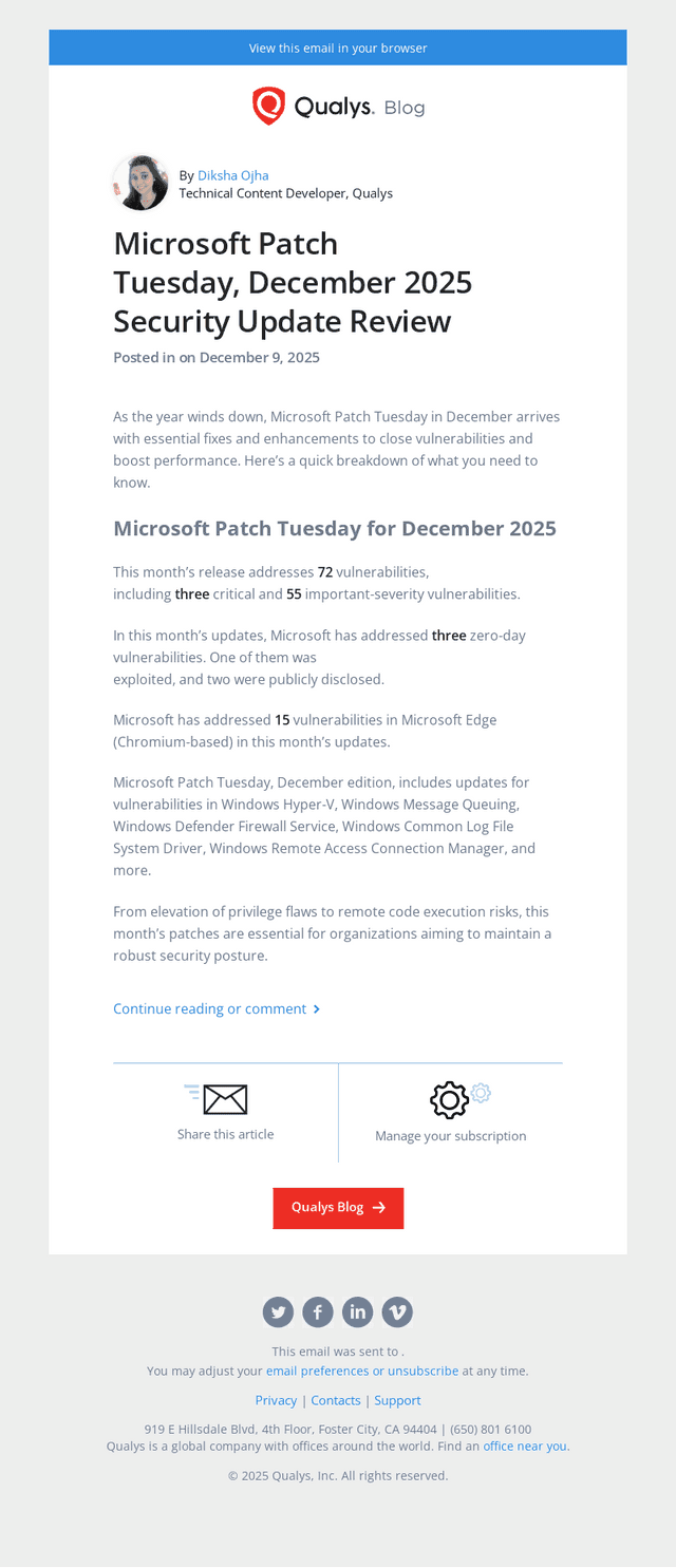 Read the latest post - Microsoft Patch Tuesday, December 2025 Security Update Review