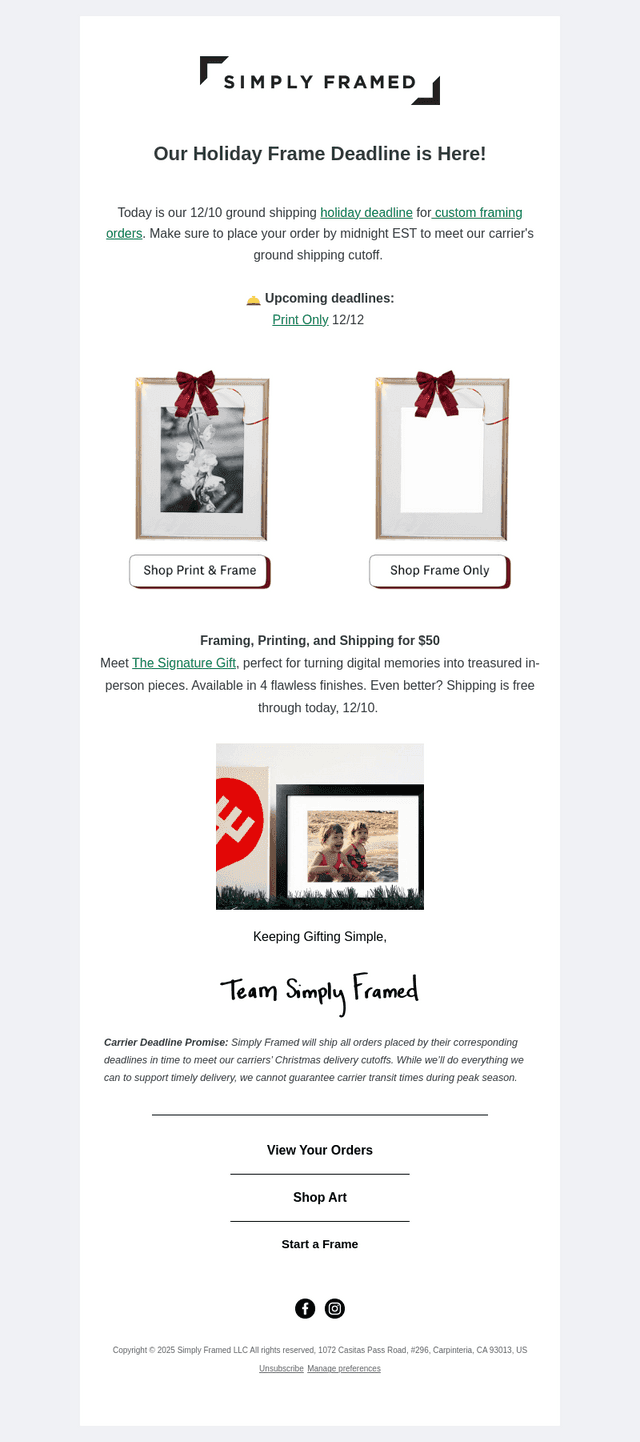 Simply Framed email from Wed, Dec 10, 2025