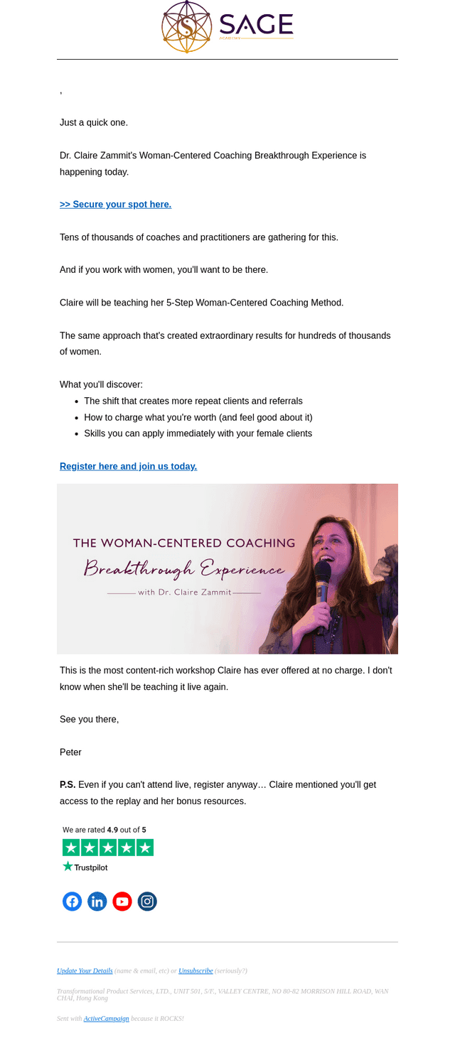 Quick reminder (Claire's Women’s Coaching workshop)