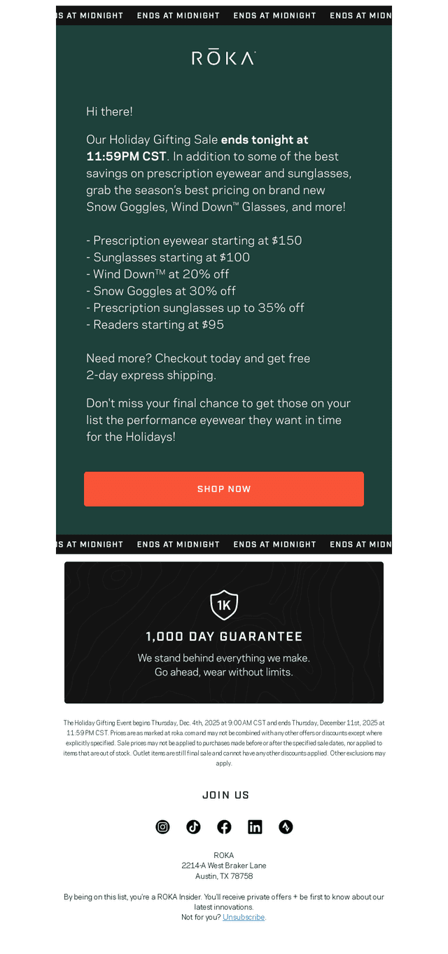 Roka Sports email from Fri, Dec 12, 2025