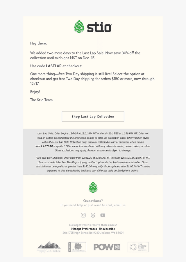 Stio email from Sat, Dec 13, 2025