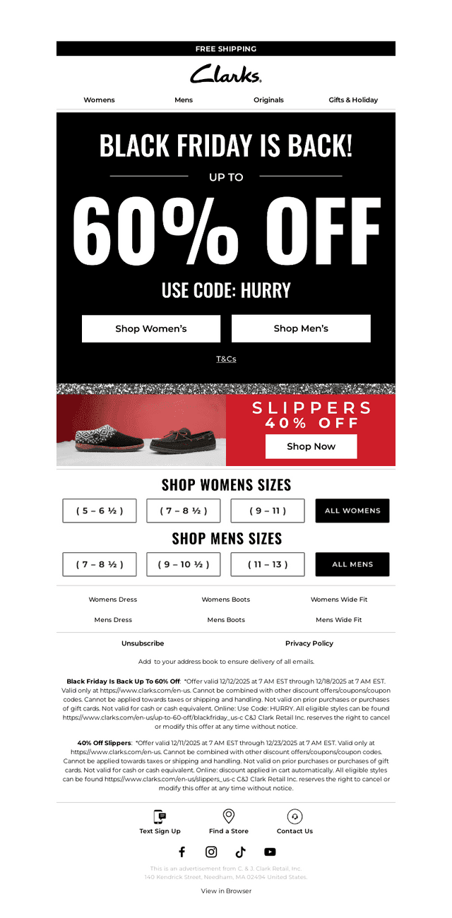 Clarks Shoes email from Sat, Dec 13, 2025
