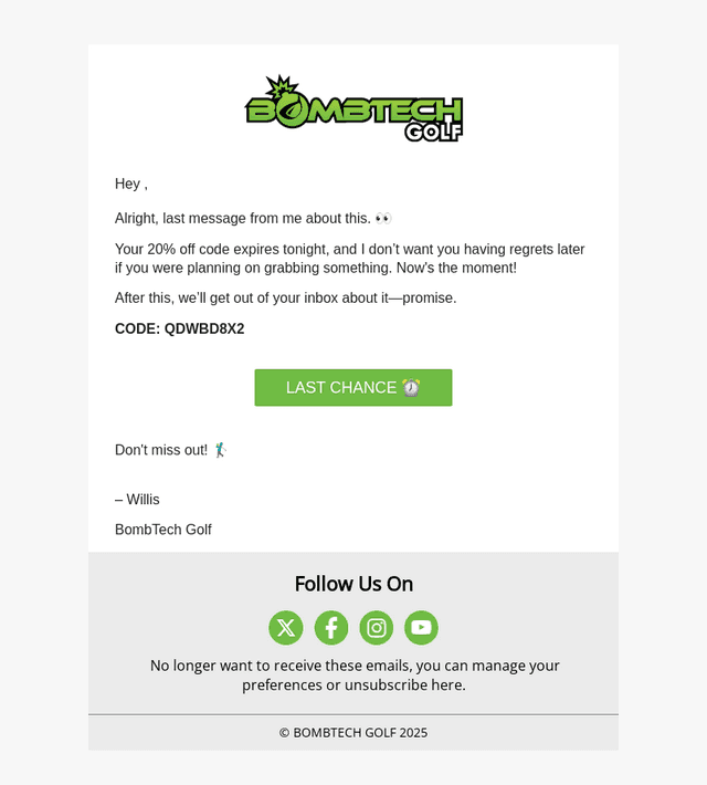 BombTech Golf email from Sun, Dec 14, 2025
