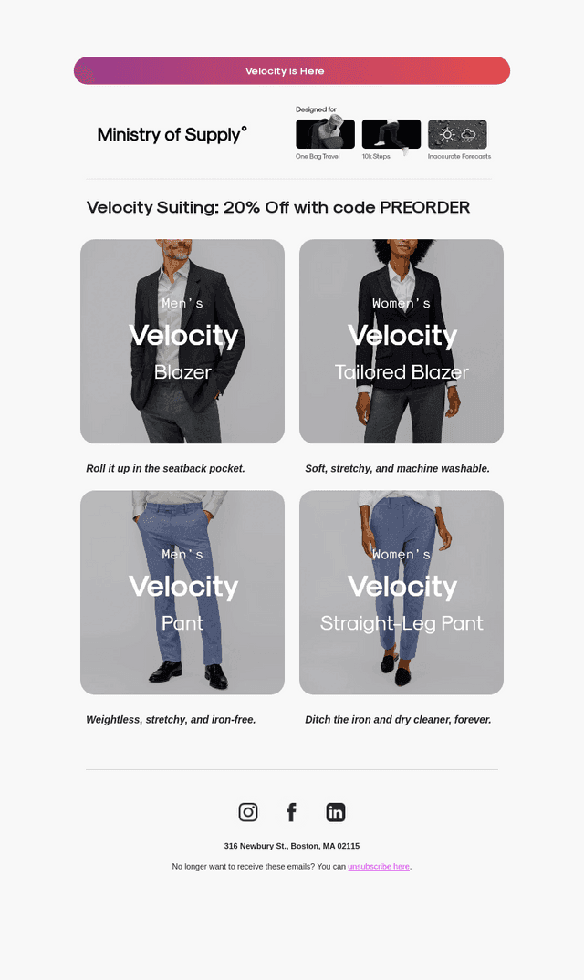Velocity Suiting is 20% Off