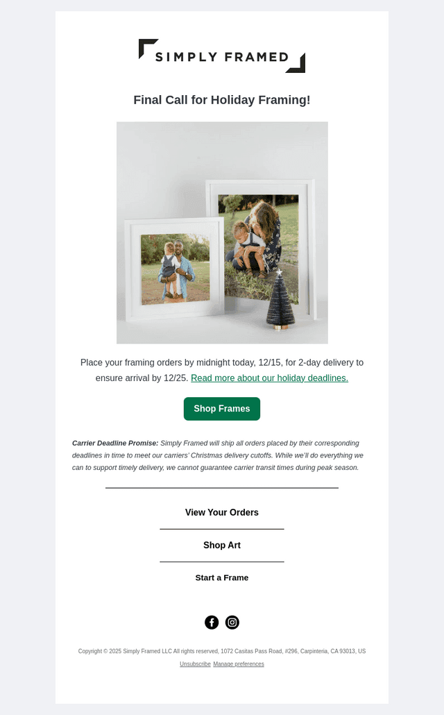 Simply Framed email from Mon, Dec 15, 2025