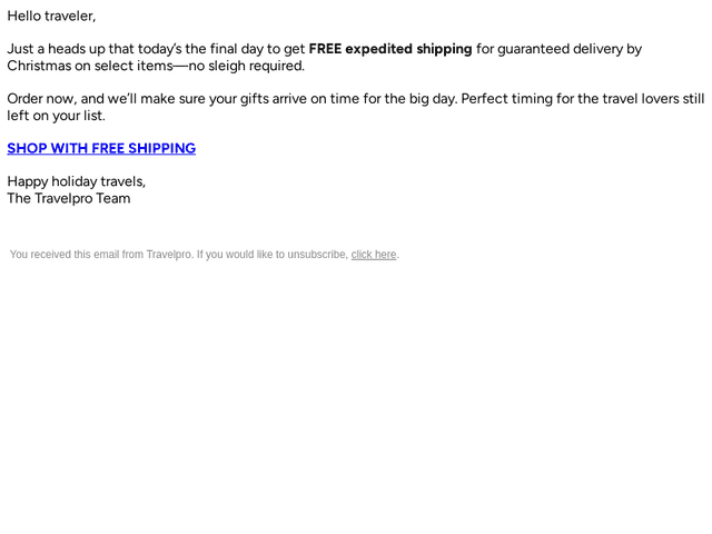 Travelpro Products email from Wed, Dec 17, 2025